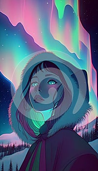 Beautiful Anime Woman with Northern Lights in Icy Winter Landscape