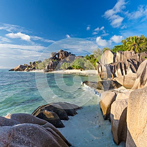 Beautiful Anse Source d`Argent tropical beach, La Digue island, Seychelles.