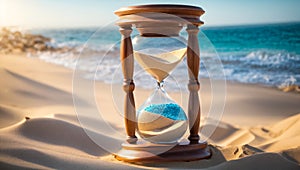 Beautiful antique hourglass on the sand against harmony background composition the sea