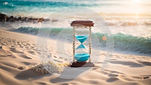 Beautiful antique hourglass on the sand relax harmony vintage composition the sea