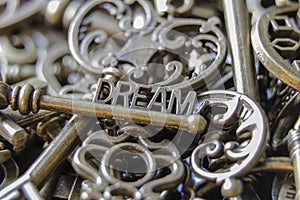 Beautiful Antique Keys with the word Dream Close Up