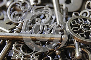 Beautiful Antique Keys with the word Love Close Up