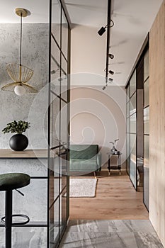 Beautiful apartment interior with reinforced glass