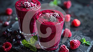 Beautiful appetizer pink raspberries fruit smoothie or milk shake in glass jar with berries