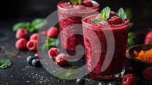 Beautiful appetizer pink raspberries fruit smoothie or milk shake in glass jar with berries