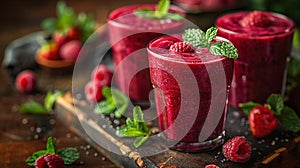 Beautiful appetizer pink raspberries fruit smoothie or milk shake in glass jar with berries