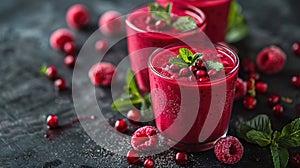 Beautiful appetizer pink raspberries fruit smoothie or milk shake in glass jar with berries