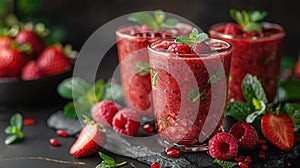 Beautiful appetizer pink raspberries fruit smoothie or milk shake in glass jar with berries