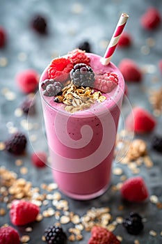 Beautiful appetizer pink raspberries fruit smoothie or milk shake in glass jar with berries background