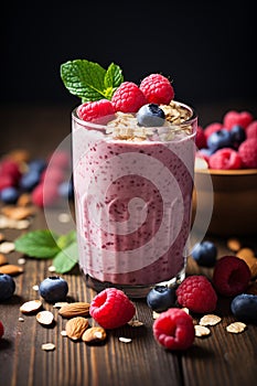 Beautiful appetizer pink raspberries fruit smoothie or milk shake in glass jar with berries background