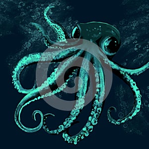 Beautiful aqua monochromatic art work interior picture of an octopus in deep water