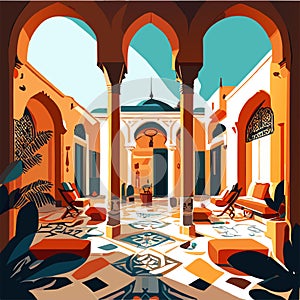 Beautiful arabic courtyard with arches. Vector illustration. generative AI