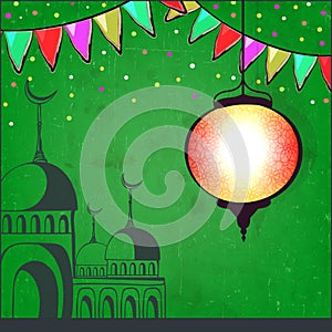 Beautiful Arabic lantern and mosque on green background, Elegant card for Islamic holy month of prayer, Ramadan Kareem