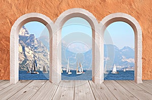 Beautiful arcade, vintage wall with lake view to sail boats and