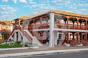 Beautiful arcaded square of the town of Puerto Lapice, Spain photo