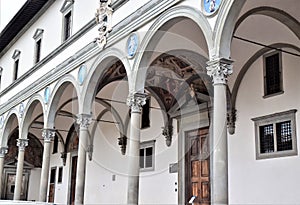 Beautiful arcades of the Istituto degli innocenti in Piazza della Santissima Annunziata in Florence.