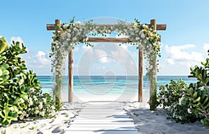 Beautiful arch with flowers at the beach on a sunny day