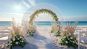 Beautiful arch with flowers on a bright day at the beach