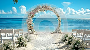 Beautiful arch with flowers and white chairs at the beach