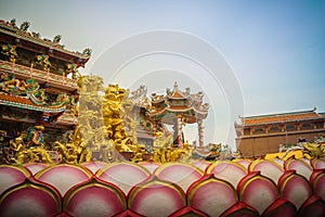 Beautiful architectural buildings at Wihan Thep Sathit Phra Kitti Chaloem, the famous Nezha Chinese public temple in Chonburi pro