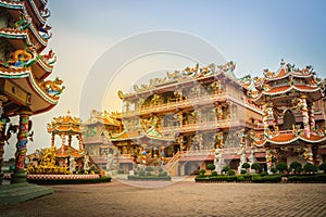 Beautiful architectural buildings at Wihan Thep Sathit Phra Kitti Chaloem, the famous Nezha Chinese public temple in Chonburi pro