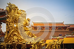 Beautiful architectural buildings at Wihan Thep Sathit Phra Kitti Chaloem, the famous Nezha Chinese public temple in Chonburi pro