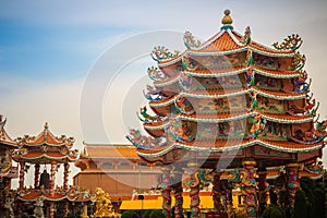 Beautiful architectural buildings at Wihan Thep Sathit Phra Kitti Chaloem, the famous Nezha Chinese public temple in Chonburi pro