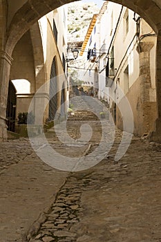 Beautiful architectural corner of Castellote, Teruel, Maestrazgo, Aragon, Spain, view of some old st