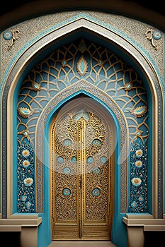 A beautiful architectural design of the entrance door to the mosque. Decorative door