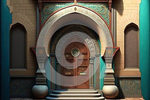 A beautiful architectural design of the entrance door to the mosque. Decorative door