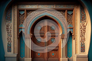 A beautiful architectural design of the entrance door to the mosque. Decorative door