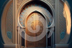 A beautiful architectural design of the entrance door to the mosque. Decorative door