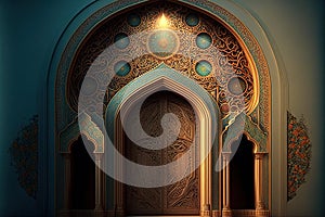 A beautiful architectural design of the entrance door to the mosque. Decorative door