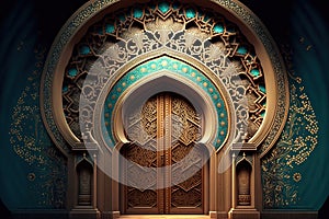 A beautiful architectural design of the entrance door to the mosque. Decorative door