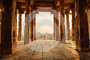 Beautiful architecture of ancient ruines of temple in Hampi