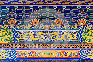 Beautiful architecture and art of wall painting with dragon pattern building in Chinese temple