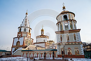 Beautiful architecture of Epiphany Cathedral in Irkutsk, Russia.