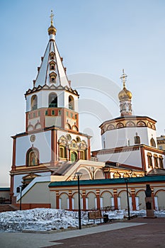 Beautiful architecture of Epiphany Cathedral in Irkutsk, Russia.
