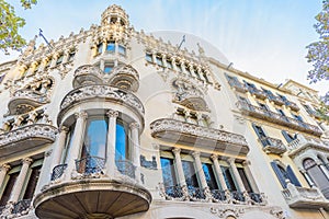 Beautiful architecture facade at famous Passeig de Gracia street Eixample district on November 11, 2016 Barcelona, SPAIN