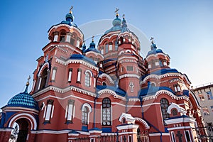 Beautiful architecture of Kazan Church an iconic Orthodox church in the city of Irkutsk, Russia.