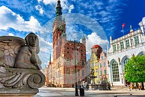 Beautiful architecture of the old town in Gdansk with city hall, Poland