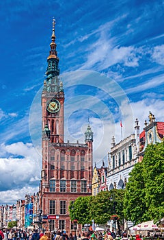 Beautiful architecture of the old town in Gdansk with city hall, Poland