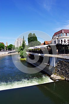 Beautiful architecture in Oradea town along the banks of Crisul Repede river, Bihor county, Romania.