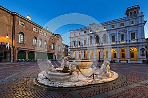 Beautiful architecture of the Piazza Vecchia in Bergamo at dawn, Italy