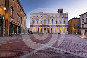 Beautiful architecture of the Piazza Vecchia in Bergamo at dawn, Italy