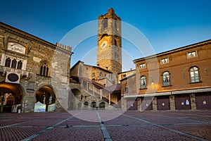 Beautiful architecture of the Piazza Vecchia in Bergamo at dawn, Italy