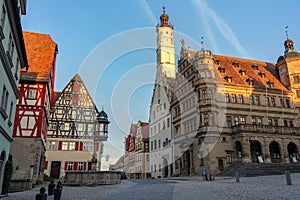 beautiful architecture of romantic Rothenburg ob der Tauber with timbered Fachwerkhaus syle houses in Bavaria Germany