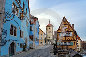 beautiful architecture of romantic Rothenburg ob der Tauber with timbered Fachwerkhaus syle houses in Bavaria Germany