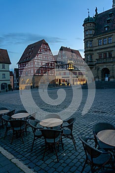 beautiful architecture of romantic Rothenburg ob der Tauber with timbered Fachwerkhaus syle houses in Bavaria Germany at