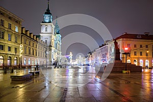 Beautiful architecture of the Royal Route with Christmas illuminations in Warsaw. Poland